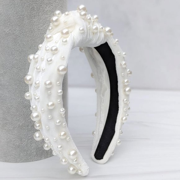 Ivory Pearl Knot Velvet Headband Pearl Beads Handmade Knotted Turban Maximalist main image 9